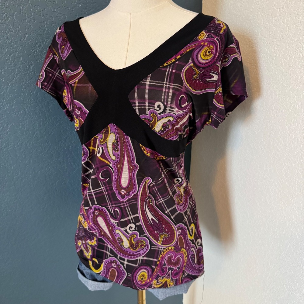 Y2K Whimsygoth Euro Santory Italy Babydoll Mesh Top M Purple Paisley
